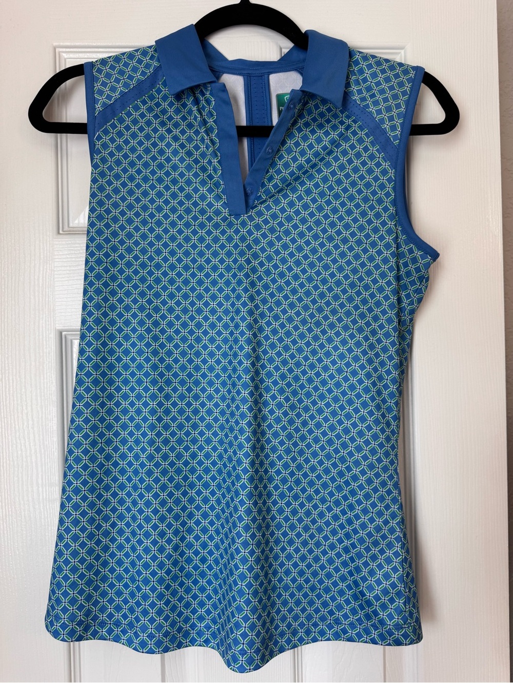 Sleeveless Blue Geometric Polo Tank Top